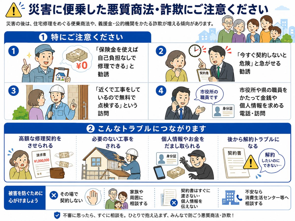 災害に便乗した悪質商法・詐欺への注意を呼びかける図解。特に注意が必要な勧誘として、(1)「保険金を使えば自己負担なしで修理できる」という勧誘、(2)「今すぐ契約しないと危険」と急がせる勧誘、(3)「近くで工事をしているので無料で点検する」という訪問、(4) 市役所や県の職員をかたって金銭や個人情報を求める電話・訪問、の4つを挙げています。これらは、高額な修理契約をさせられる、必要のない工事をされる、個人情報やお金をだまし取られる、後から解約トラブルになる、といった被害につながります。被害を防ぐために、その場で契約しない、家族や周囲に相談する、契約書はすぐに渡さない・個人情報を伝えない、不安なら消費生活センター等へ相談する、ことを心がけましょう。