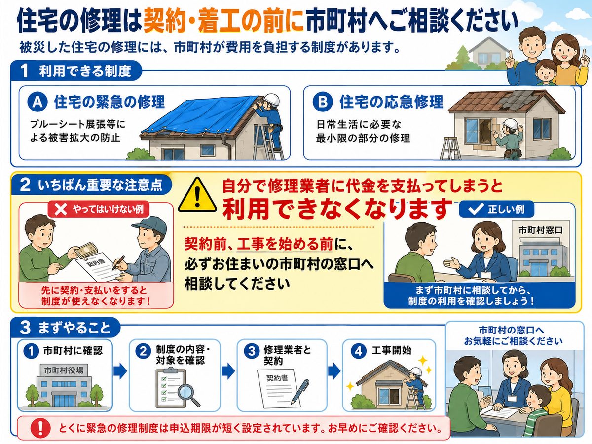 住宅の修理は契約・着工の前に市町村へ相談するよう呼びかける図解。被災した住宅の修理には、市町村が費用を負担する制度があります。(1) 利用できる制度は2つです。Aの「住宅の緊急の修理」はブルーシート展張等による被害拡大の防止、Bの「住宅の応急修理」は日常生活に必要な最小限の部分の修理です。(2) いちばん重要な注意点は、自分で修理業者に代金を支払ってしまうと制度を利用できなくなることです。先に契約・支払いをすると制度が使えなくなるため、契約前・工事を始める前に、必ずお住まいの市町村の窓口へ相談してください。まず市町村に相談してから、制度の利用を確認しましょう。(3) まずやることは、市町村に確認する、制度の内容・対象を確認する、修理業者と契約する、工事を開始する、の順です。とくに緊急の修理制度は申込期限が短く設定されていますので、お早めにご確認ください。