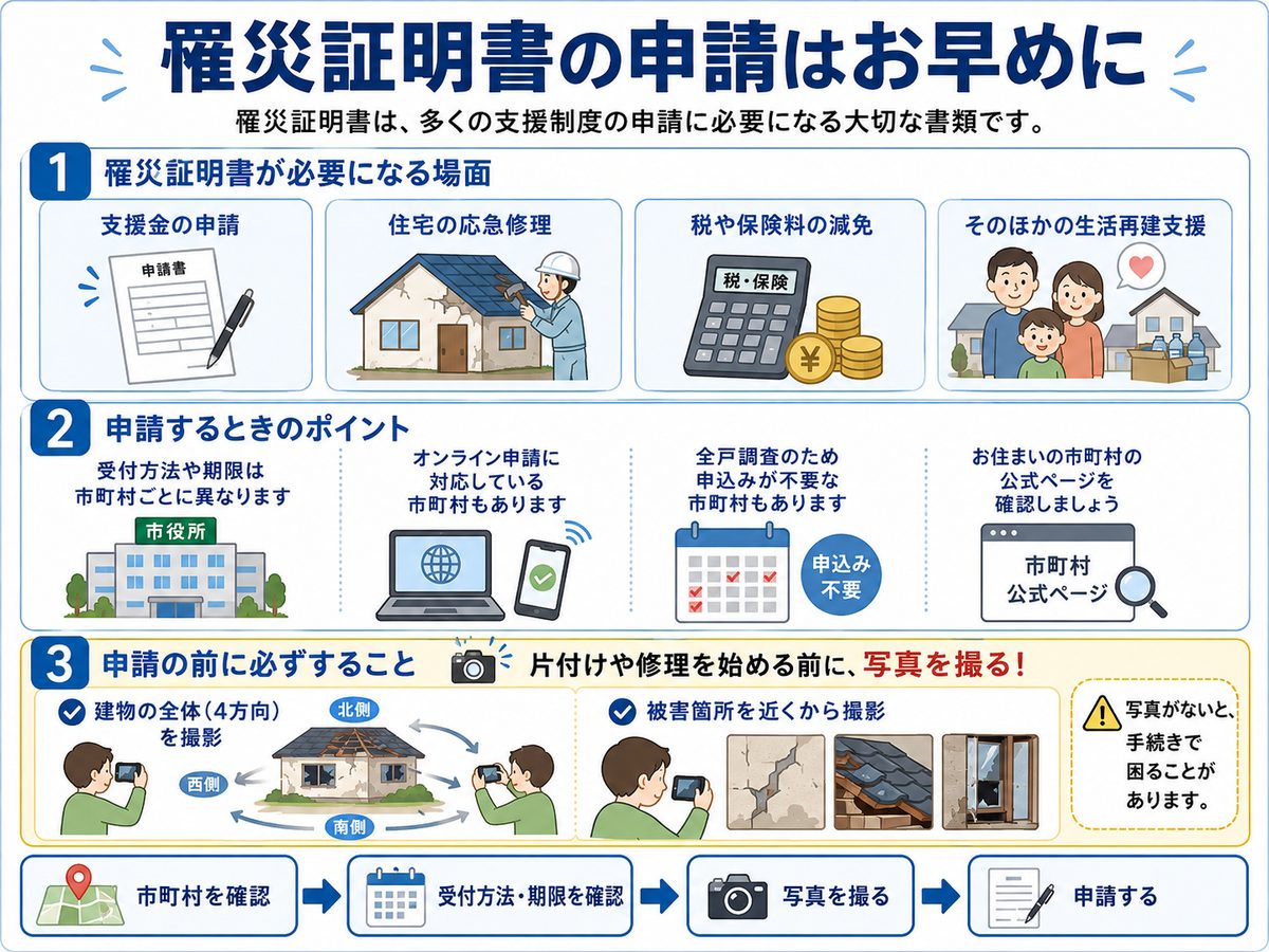 罹災証明書の申請を早めに行うよう呼びかける図解。罹災証明書は、多くの支援制度の申請に必要になる大切な書類です。(1) 罹災証明書が必要になる場面は、支援金の申請、住宅の応急修理、税や保険料の減免、そのほかの生活再建支援です。(2) 申請するときのポイントとして、受付方法や期限は市町村ごとに異なること、オンライン申請に対応している市町村もあること、全戸調査のため申込みが不要な市町村もあること、お住まいの市町村の公式ページを確認することが挙げられています。(3) 申請の前に必ずすることは、片付けや修理を始める前に写真を撮ることです。建物の全体を4方向（北側・南側・東側・西側）から撮影し、被害箇所も近くから撮影します。写真がないと、手続きで困ることがあります。手続きの流れは、市町村を確認する、受付方法・期限を確認する、写真を撮る、申請する、の順です。